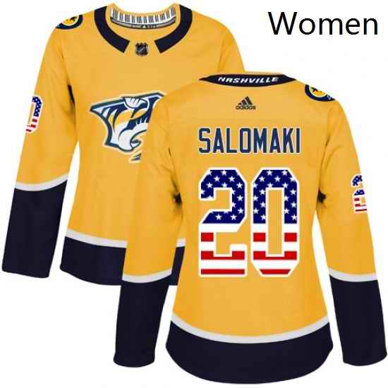 Womens Adidas Nashville Predators 20 Miikka Salomaki Authentic Gold USA Flag Fashion NHL Jersey